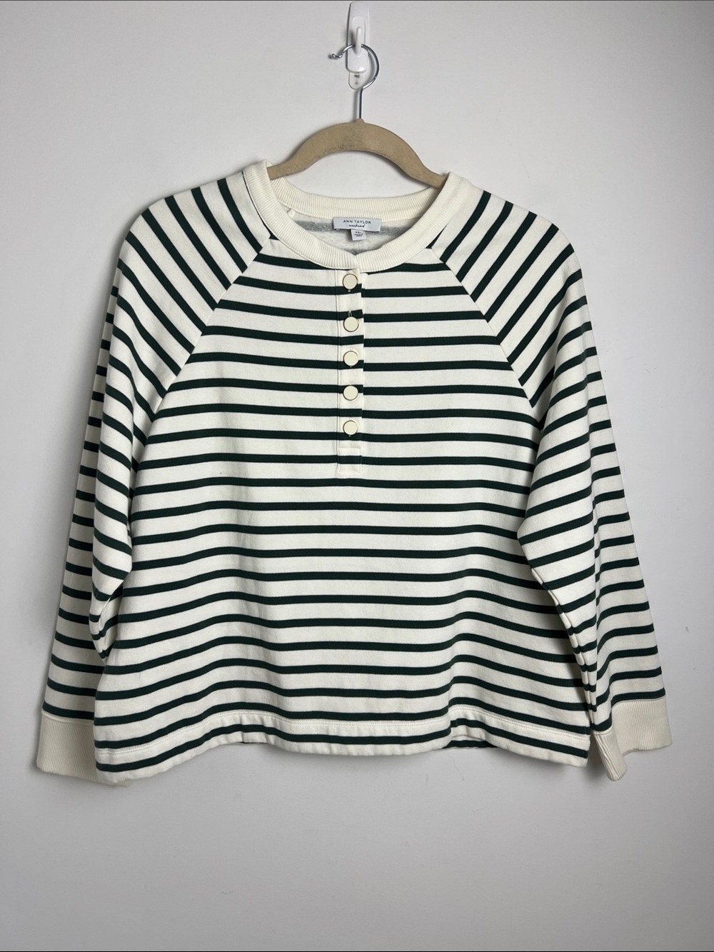 NEW Ann Taylor Weekend XXL Cream And Dark Green Striped Henley Sweatshirt Preppy